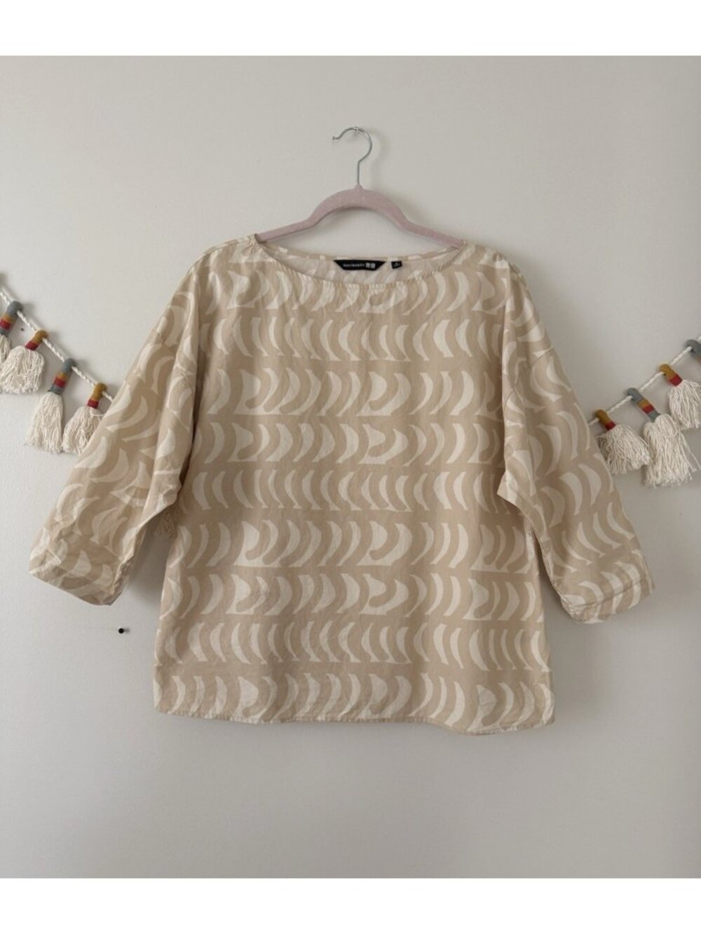 Uniqlo X Marimekko Printed 3/4 Sleeve Boxy Top Neutral Boho Coastal Lightweight